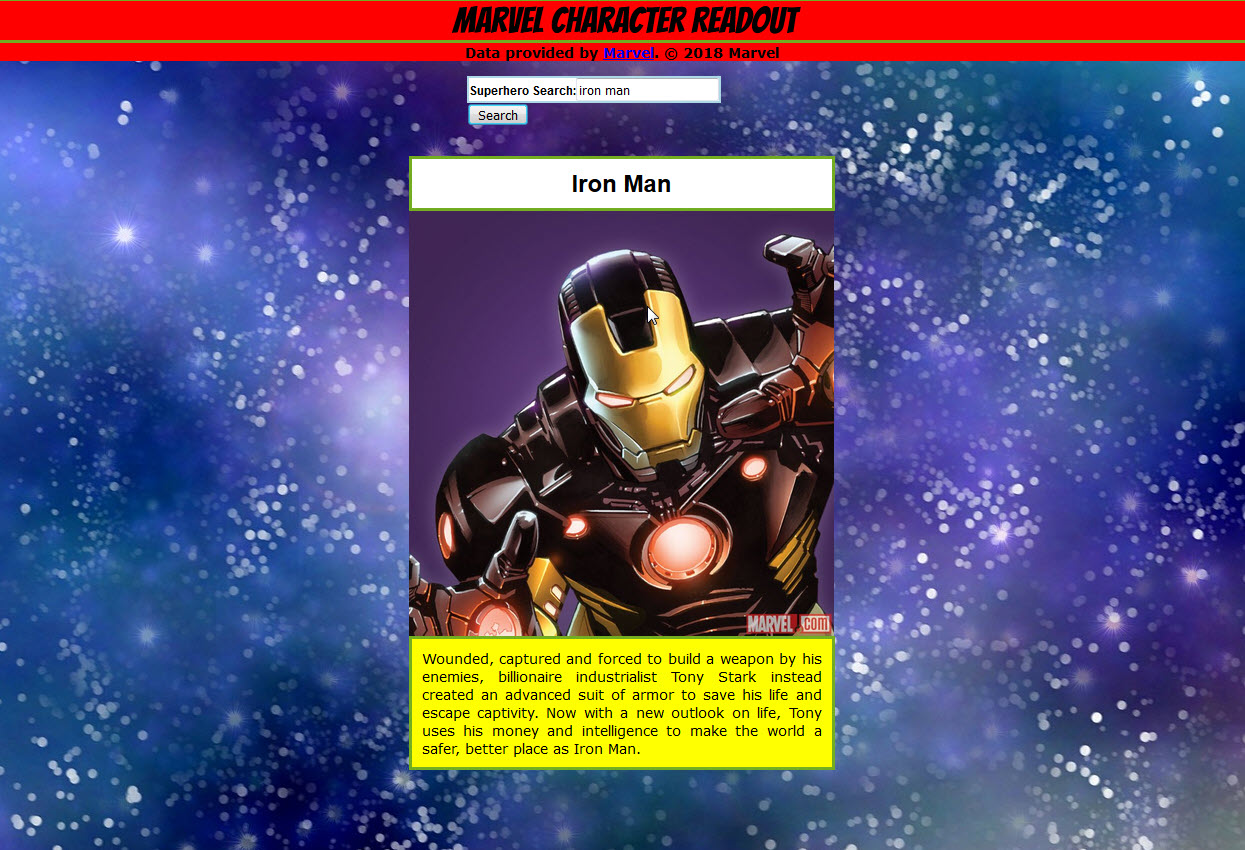 Marvel Character Search Screen Capture